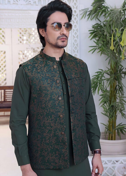 TGM Men RTW Textured Blended 3 Piece Suit Basil Green Festive Collection