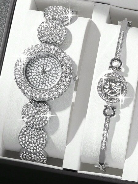 Shein - 1pc Fashion Trend Full Diamond Round Women's Steel Band Silver Quartz Watch with Large Bright Stone Shining Diamond Bracelet Set