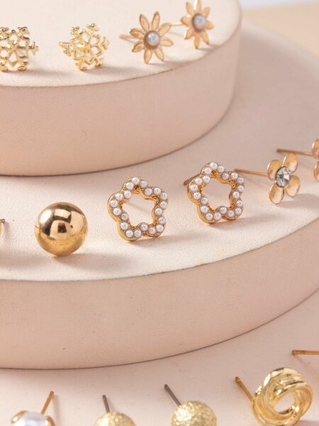 Shein - 9pairs Faux Pearl & Flower Decor Stud Earrings