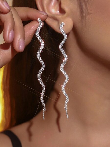 Shein - 1 Pair Elegant S-Shaped Multi-Layer Crystal Rhinestone Tassel Earrings - Silver