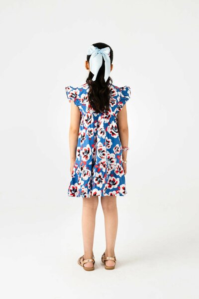 Blue Floral Frill Cotton Dress