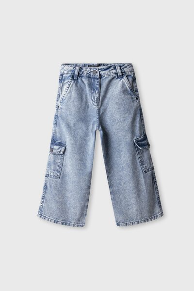 Girls Wide Leg Denim Cargo Jeans