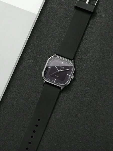Shein - 1pc Men's Silicone Strap Fashion Casual Square Minimalist Dial Quartz Wrist Watch - Black Dial