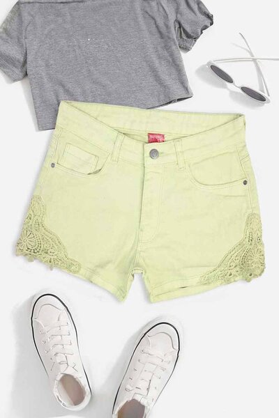 Monguun Girl's Floral Lace Design Denim Shorts