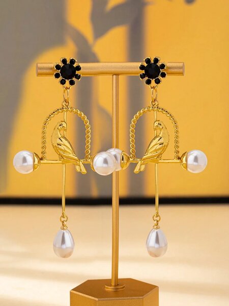 Shein - Fashionable Elegant High-End Pearl Bird Cage Dangle Earrings