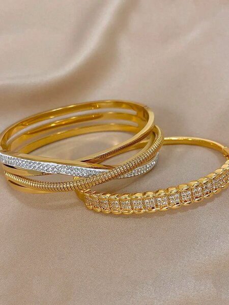 Shein - 18K Gold Plated Stainless Steel Luxury Vintage Zirconia Bangle Bracelets