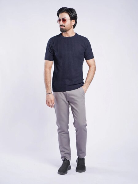 Navy Half Sleeves Men’s Premium Knitted Crew Neck T-Shirt (SKCN-025)
