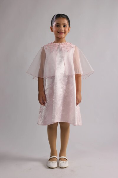 Fiore | Girls' pink occasion dress with scalloped organza cape and floral embellishment