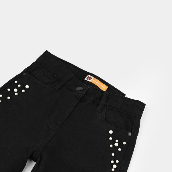 Girls Pearl Embellished Stretch Denim Straight-Fit Pants – Black
