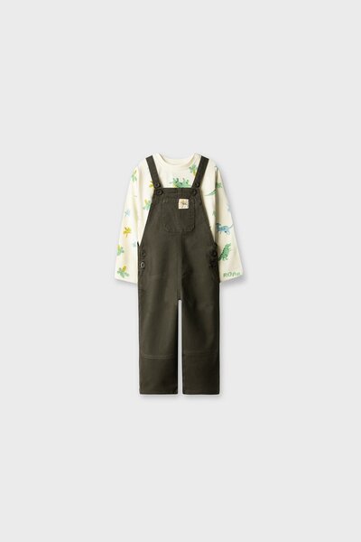 Boys Olive Dinosaur Dungaree Set