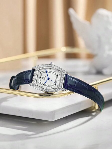Shein - 1Pc Women Blue Crocodile Embossed Pu Polyurethane Strap Glamorous Rhinestone Decor Water Resistant Tonneau Dial Quartz Watch, For Daily Life