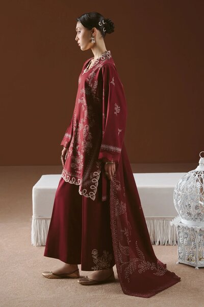 Cross Stitch Unstitched Embroidered Linen 3 Piece Suit CS26UW Scarlet Ink - Winter Collection