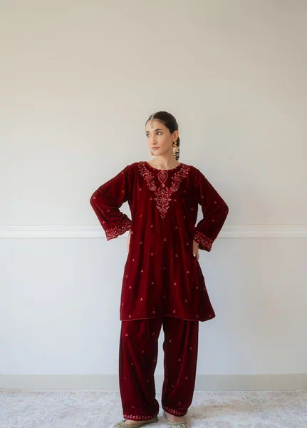 Atelier Velours by Rashid Textiles RTW Embroidered Velvet 2 Piece Suit RT26RAV Ruby - Festive Collection