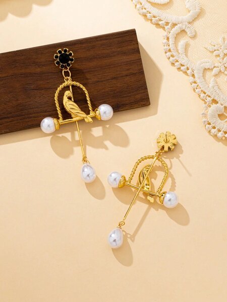 Shein - Fashionable Elegant High-End Pearl Bird Cage Dangle Earrings