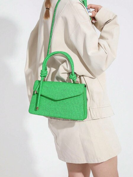Shein - The New Solid Vintage Knitted Handbag Shoulder Bag Portable Square Bag Green Purse