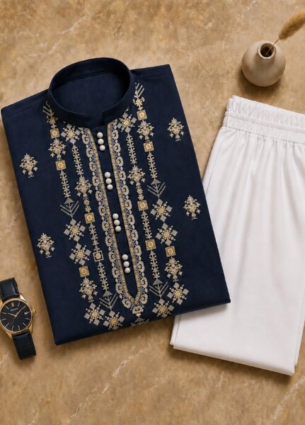 TGM Mens RTW Chikankari Chikankari Kurta Pajama Suit Elvar Navy Festive Collection