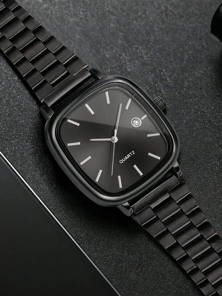 Shein - 1pc LUCKYFOX Minimalist Retro Steel Band Square Dial Calendar Watch