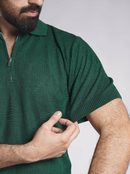 Bottle Green Sweater Knitted Zipper Polo (SKZP-023)
