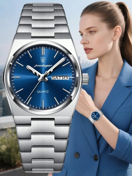 Shein - 1pc Elegant Women's Stainless Steel Date & Day Waterproof Luminous Quartz Watch
