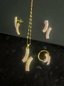 Shein - 4pcs/Set Luxury ECG Cubic Zirconia Micropaved Shiny Pendant Necklace + Earrings + Ring Set
