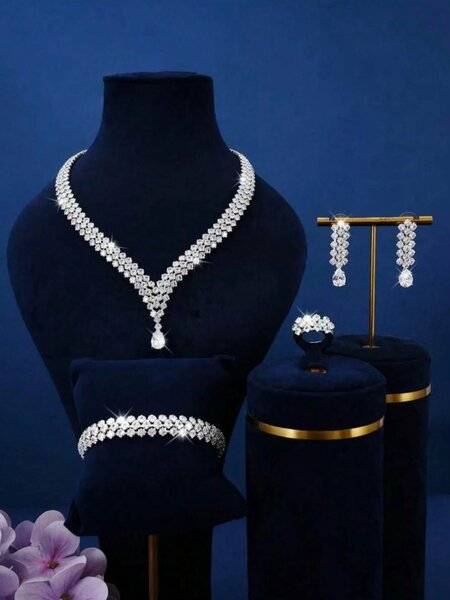 Shein - 5Pcs/Set Women'S Fashion Light Luxury Rhombus Water Drop Shaped Sparkling Crystal Zirconia