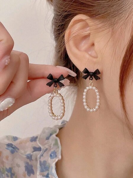 Shein - 5pcs/Set Rhinestone Geometric Square, Heart, Bowknot & Pearl Decor Tassel Earrings