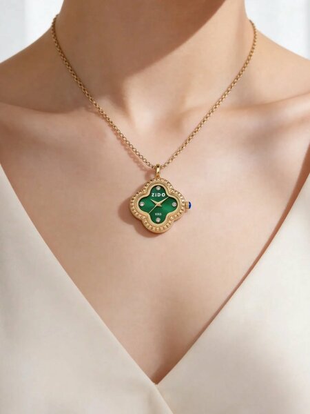 Shein - 1Pc Vintage Clover Women'S Beaded Quartz Pendant Watch