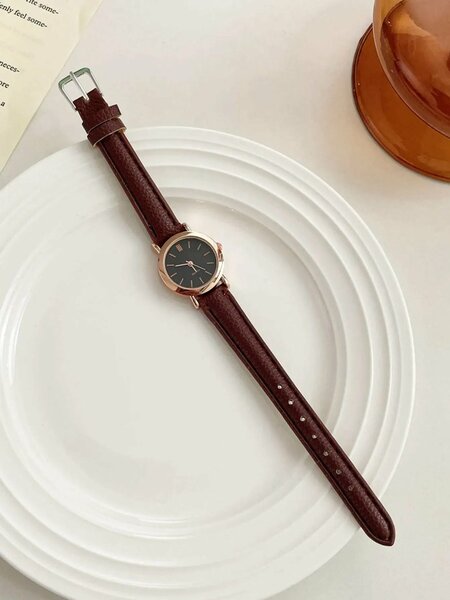 Shein - 1pc Ladies Watch Round Pointer Quartz Watch - Brown