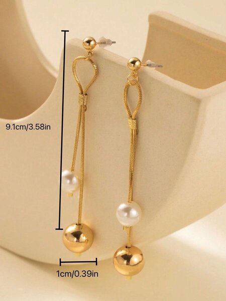 Shein - 1pair Simple & Versatile Pearl & Copper Chain Dangle Earrings Suitable For Women's Dates & Parties