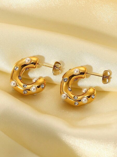 Shein - SHOPBOHO 1pair Glamorous Stainless Steel Cubic Zirconia & Faux Pearl Decor Cuff Hoop Earrings
