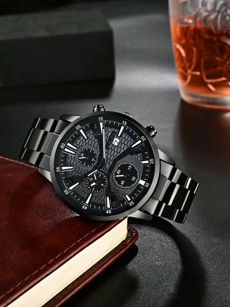 Shein - Fashion Men's Quartz Watch Set With Calendar Function, Zinc Alloy Case And Strap, Round Dial