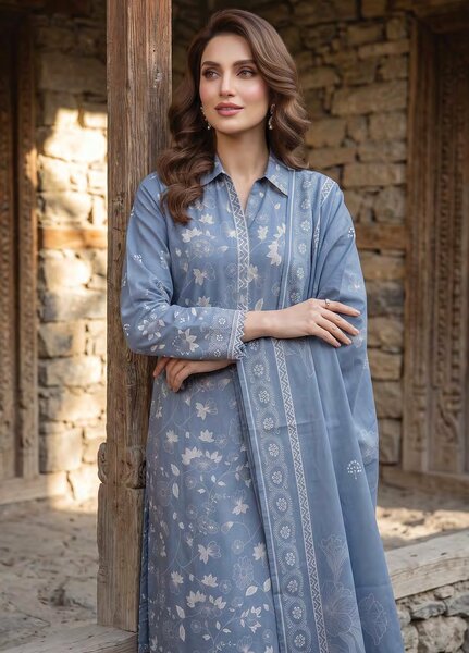 Lakhany Unstitched Printed Pashmina 3 Piece Suit LSM26UP LG-SG-0163-B - Casual Collection