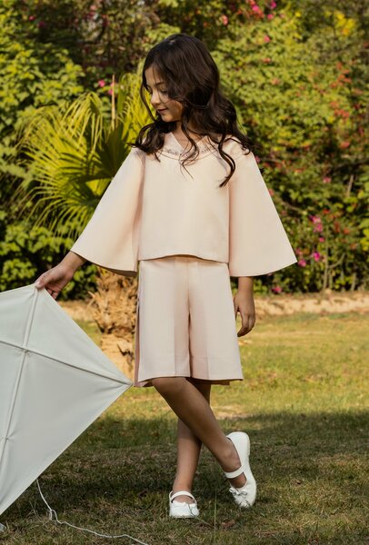 Strawberry Milk |  Pure cotton co-ord set with hand-embroidered collar
