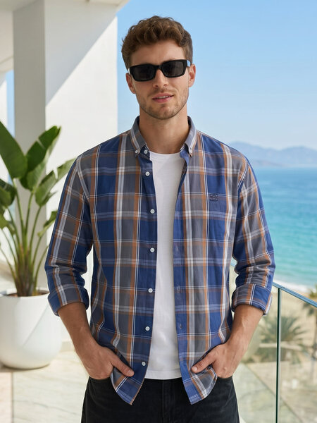 Blue & Brown Check Button Down Casual Shirt (CSC-427)