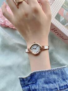 Shein - 1pc Round Dial Women's Quartz Watch With Roman Numerals,Drop Oil, White Bracelet Strap, Suitable For Daily Wear