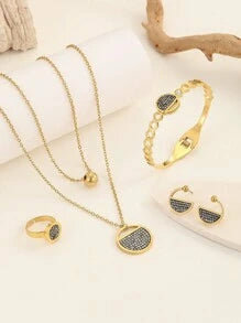 Shein - 1set(5pcs) Round Earrings, Ring, Necklace Jewelry Set