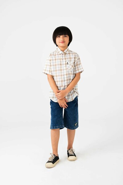 Boys Off-white Cotton Plaid Shirt