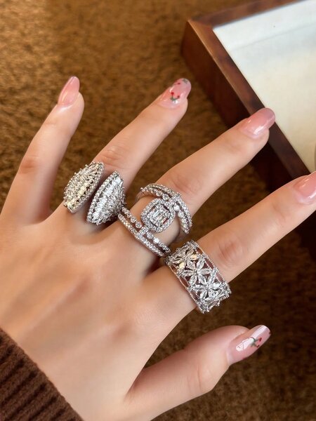 Shein - 3Pcs Fashion Luxury Cubic Zirconia Flower Fan-Shaped Open Rings