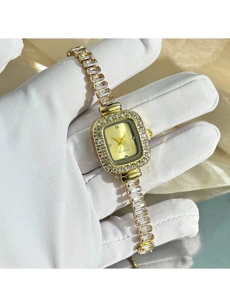 Shein - 1pc Women's Gold-Tone Zirconia Embedded Smooth Pull Style Bracelet Watch, Square Alloy Case Rhinestones