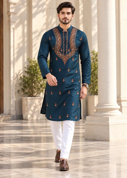 TGM Mens RTW Chikankari Chikankari Kurta Pajama Suit Vian Deep Teal Festive Collection