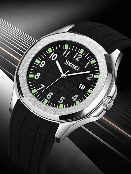 Shein - Men's Luxury Silicone Watch, Stainless Steel Back, Water Resistant Quartz Watch