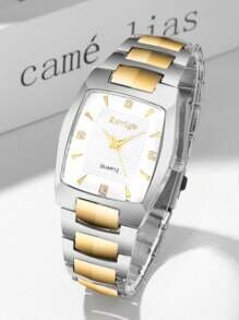 Shein - 1 Piece Of Fashionable And Personalized Rectangular Face Men's Casual Steel Band Quartz Watch