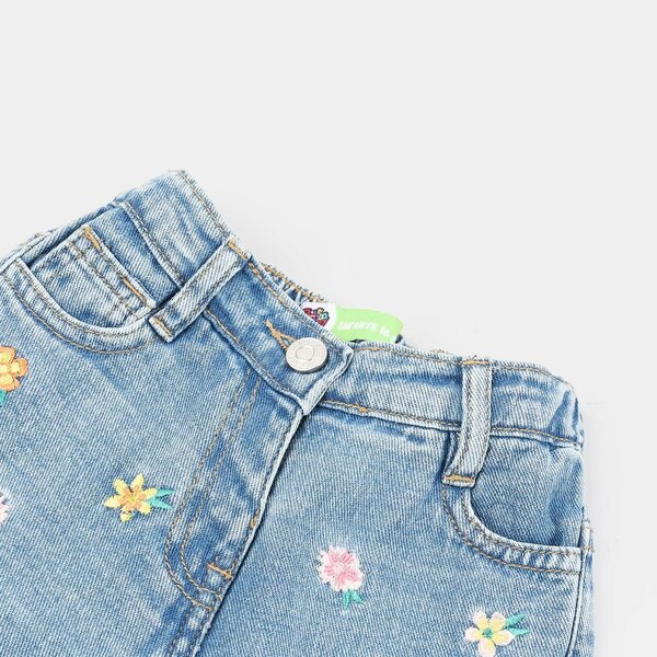 Infant Girls Denim Rigid Short Floral Embroidered – Light Blue