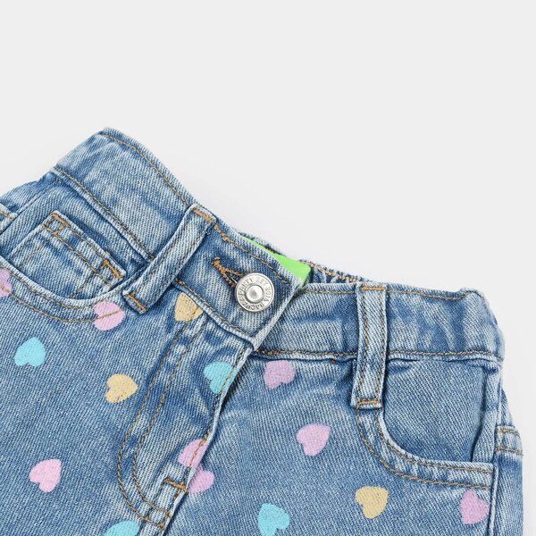 Infant Girls Denim Rigid Shorts – Pastel Heart Print Mid Blue with Pockets