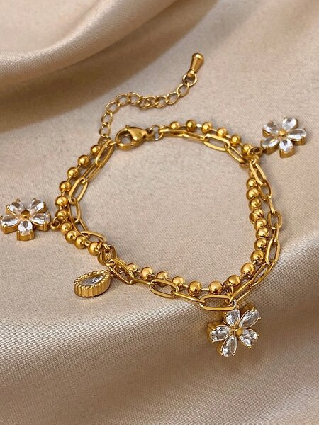 Shein - 1Pc 18K Gold Plated Stainless Steel Luxury Floral Layered Flower Pendant Dual Chain Bracelet