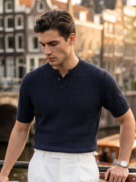 Blue Sweater Knit Henley T-Shirt (SKH-002)