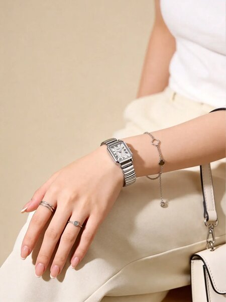 Shein - 1pc Women's Elegant Retro Quartz Watch With Roman Numeral Markers, Quality Alloy Case - Silver