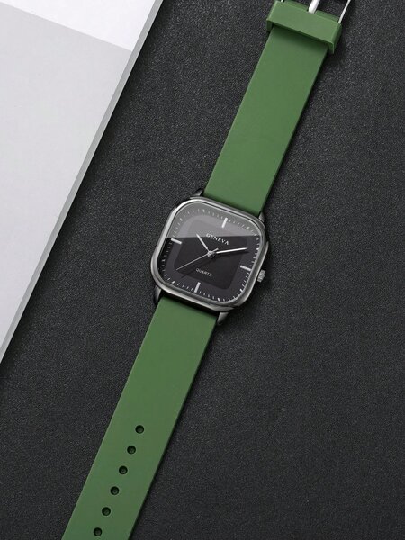 Shein - 1pc Men's Silicone Strap Fashion Casual Square Minimalist Dial Quartz Wrist Watch - Green