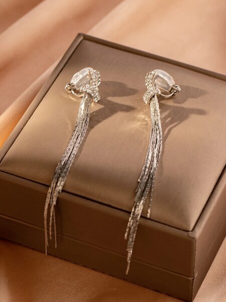 Shein - 1Pair Silver Long Tassel & Rhinestone Decor Clip-On Earrings