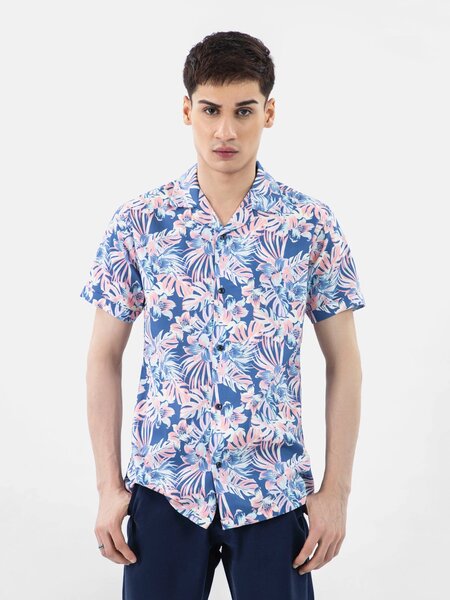 Brumano Mens RTW Solids Cotton Shirt Pink N Blue Floral Print Casual Collection